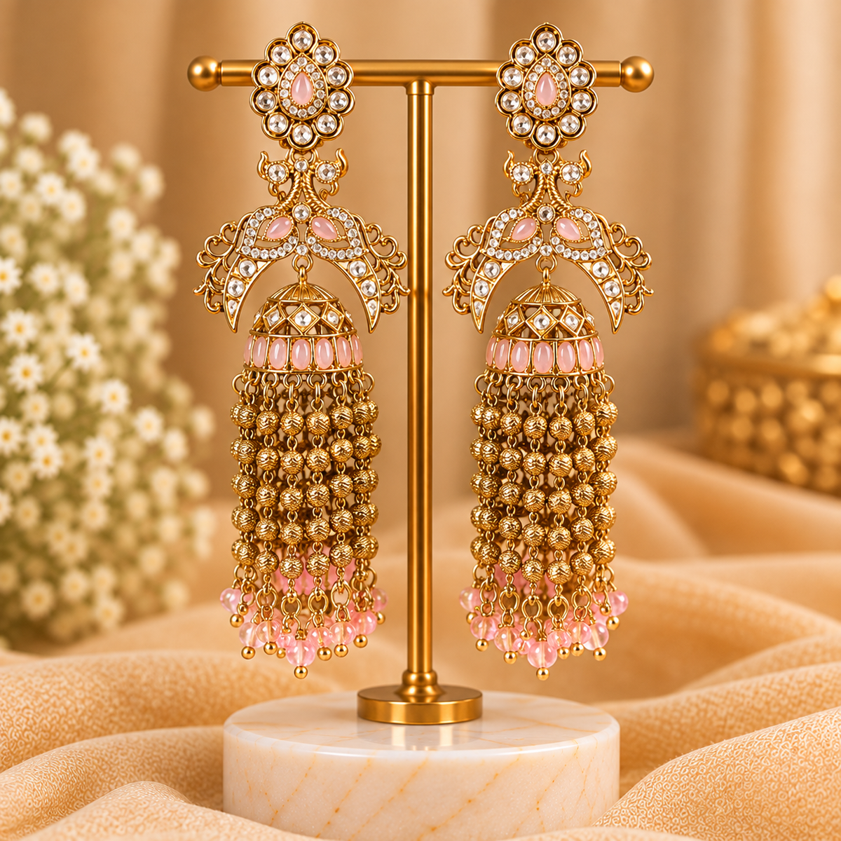 Blush Pink Kashmiri Long Jhumka Earrings
