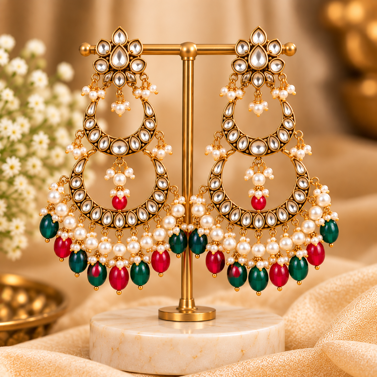 Multicolour Kundan Double Chandbali Earrings