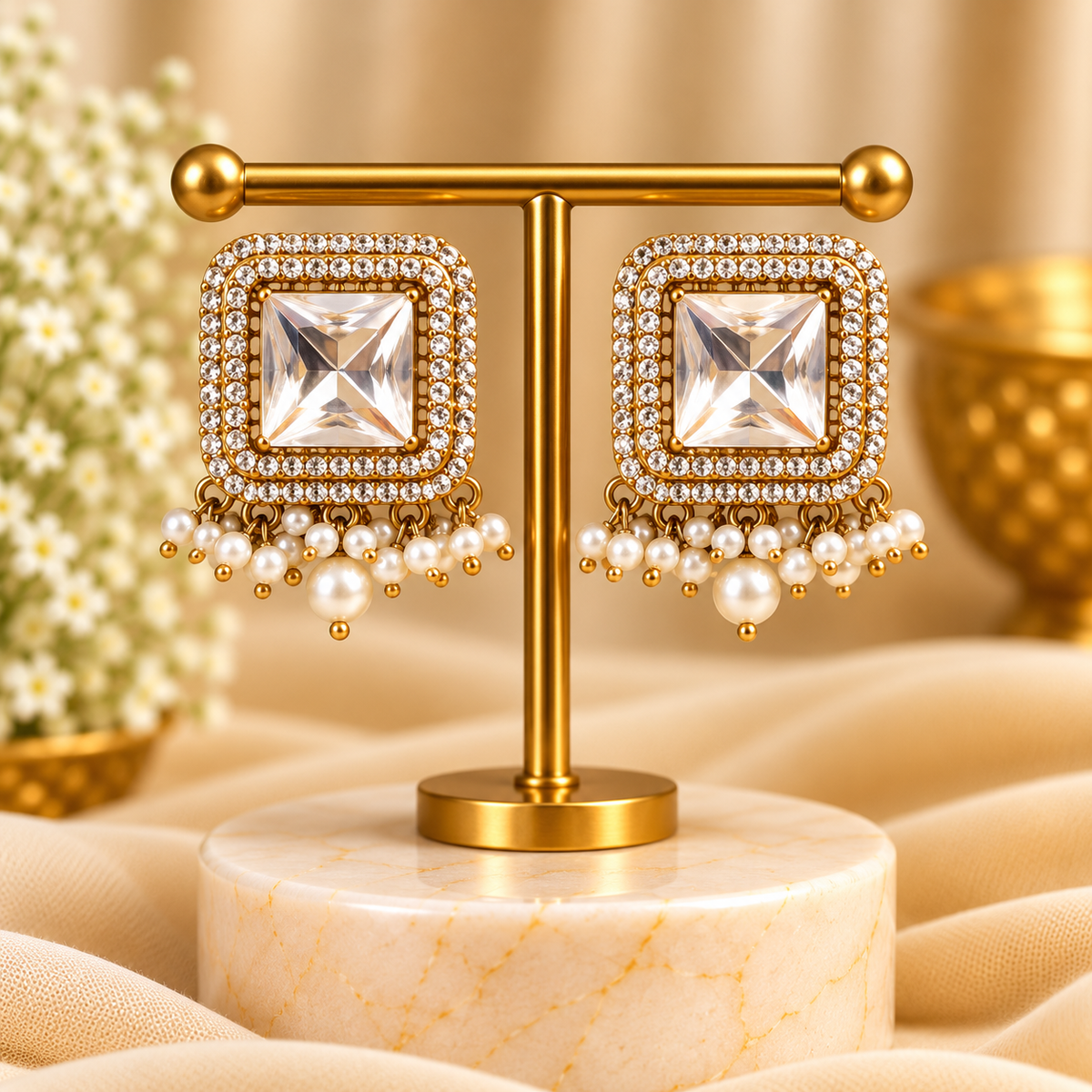 Square Kundan Pearl Statement Earrings