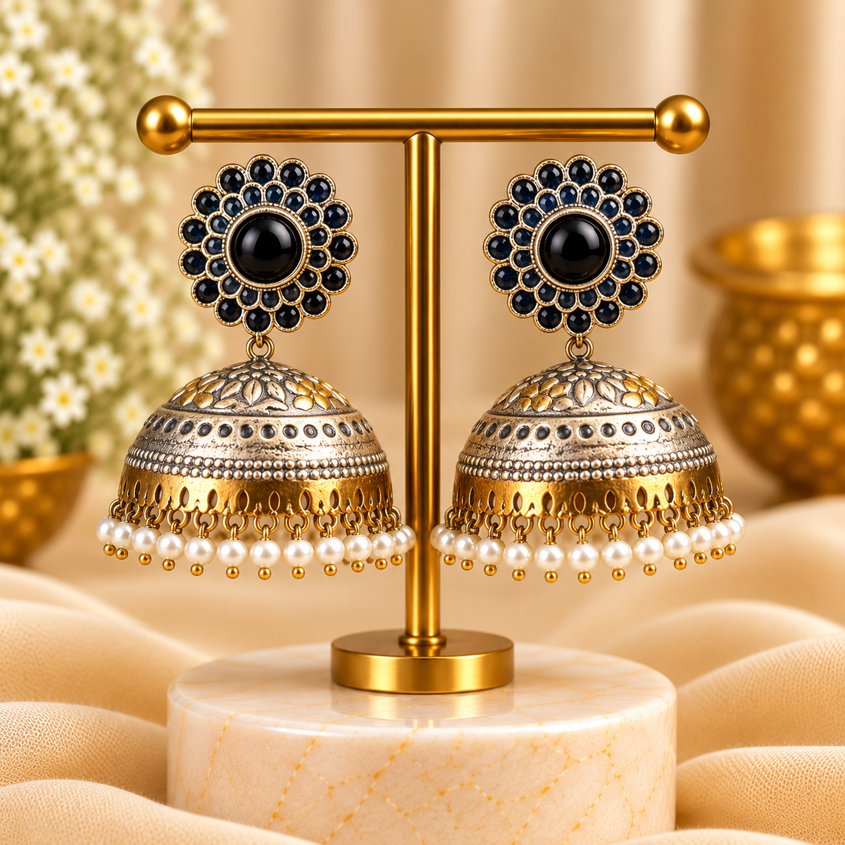 Navy Blue Oxidised Jhumka Earrings