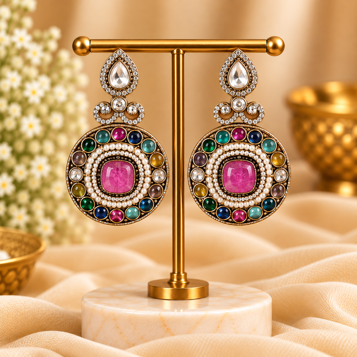 Multicolour Kundan Statement Earrings