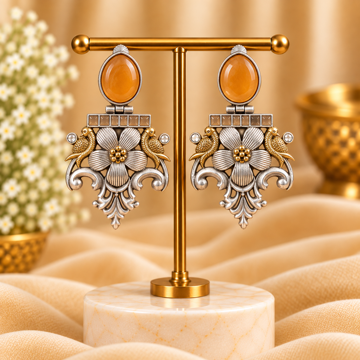 Oxidised Dual-Tone Floral Statement Earrings