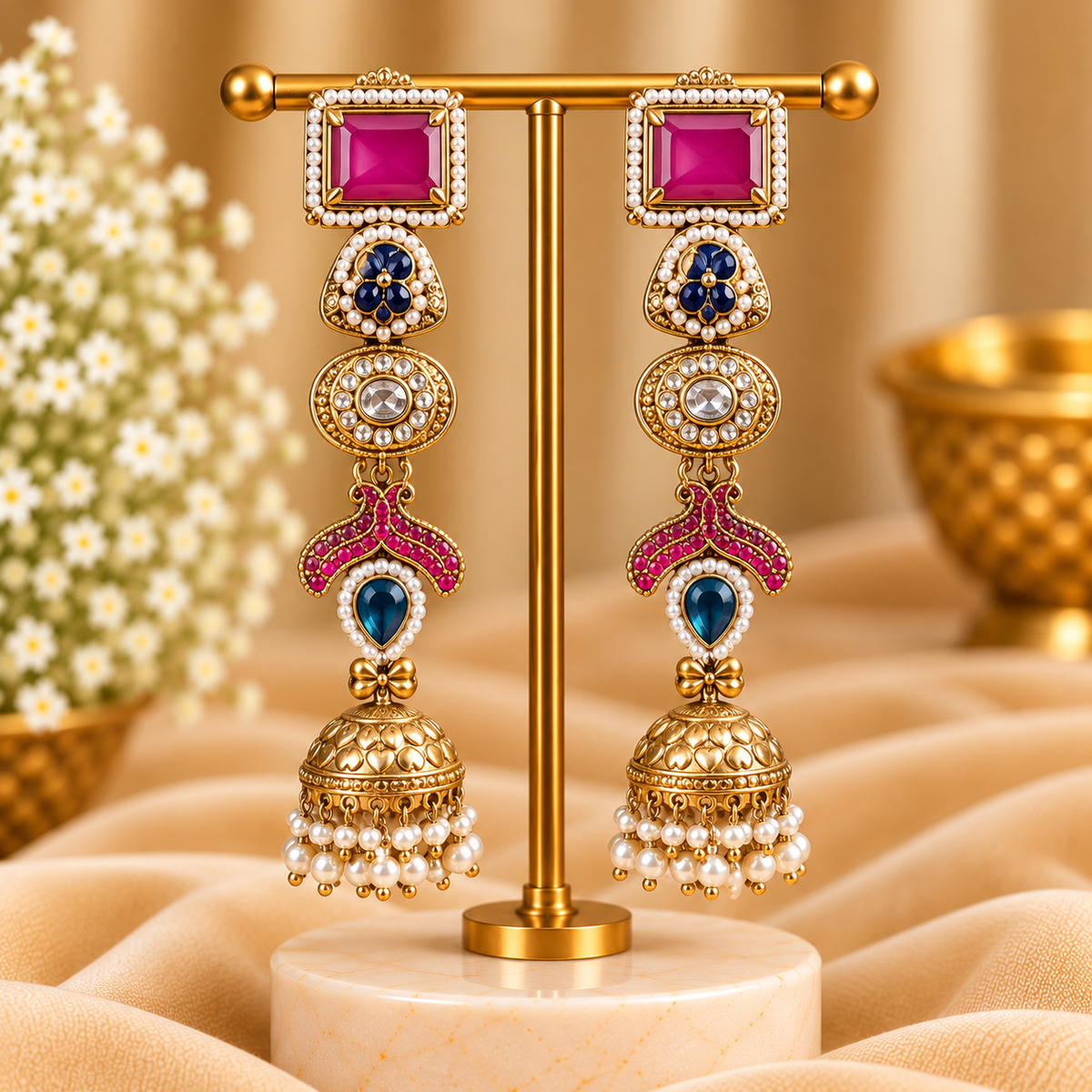 Multicolour Long Jhumka Statement Earrings