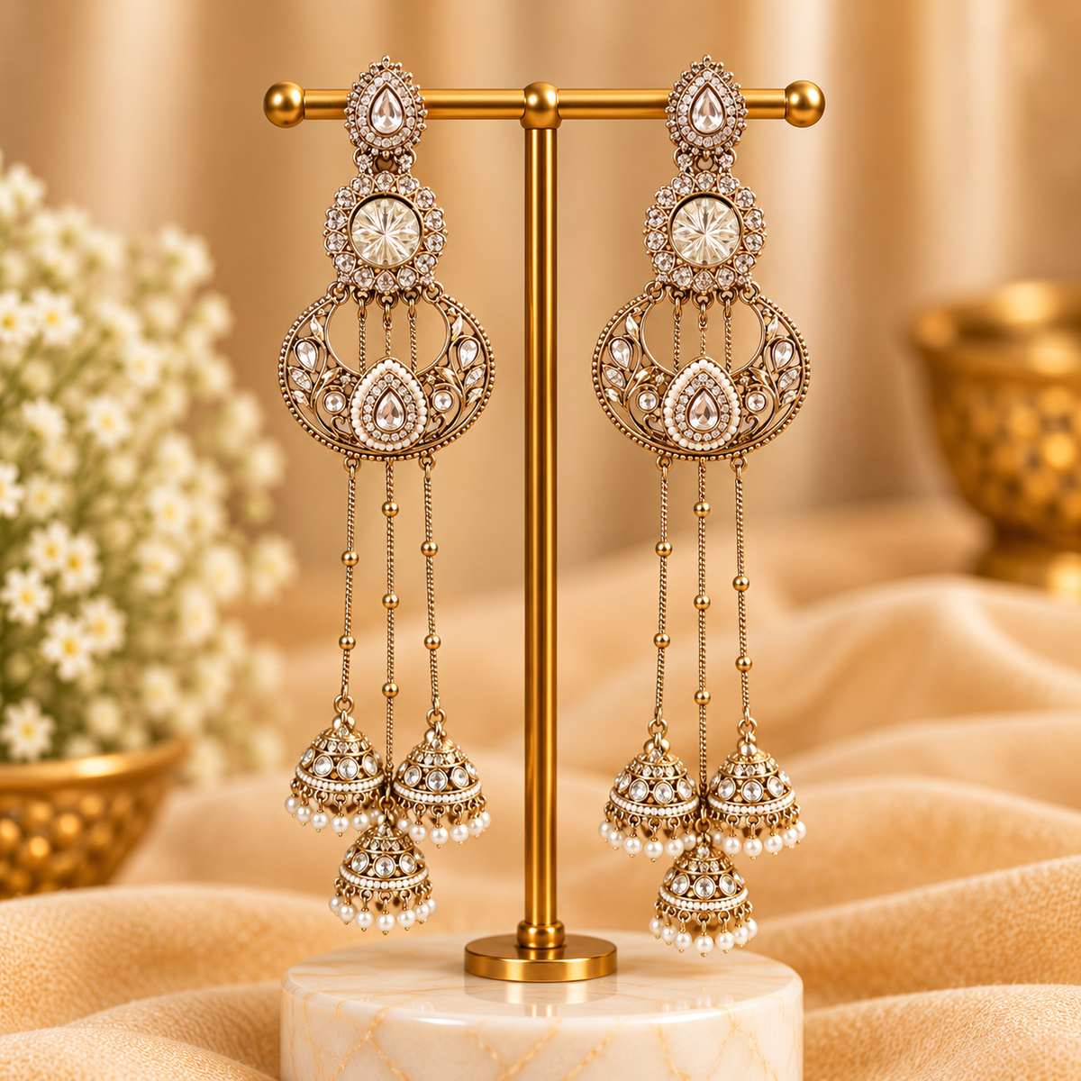 Traditional Kundan Chandbali Jhumka Earrings