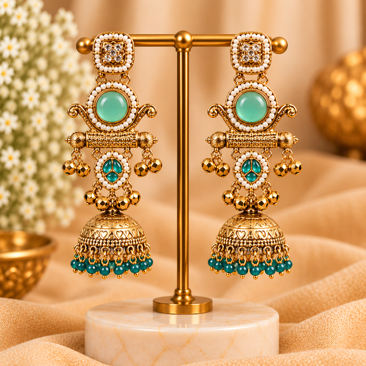 Mint Green Traditional Long Jhumka Earrings
