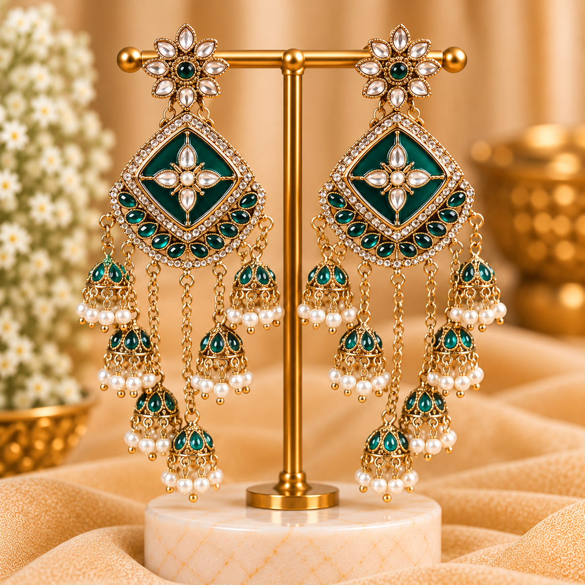 Emerald Green Kundan Long Jhumka Earrings