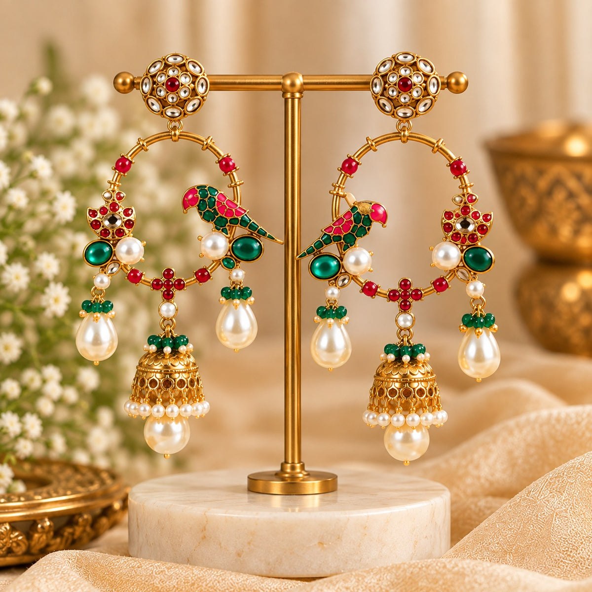 Traditional Parrot Chandbali Jhumka Earrings